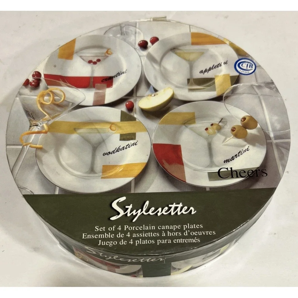 New W/Box American Atelier Canape Appetizer Plates Set of 4 Martini Cheers 6.5
